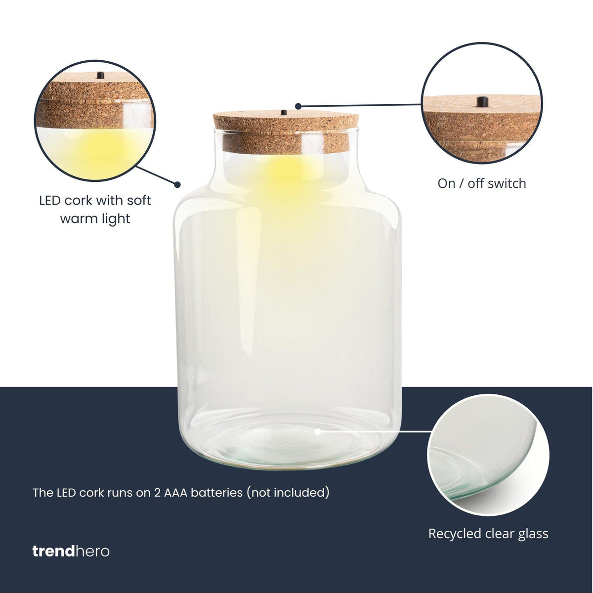 Terrarium Flasche – Geschlossene Glasflasche mit Korken & LED – Beleuchtung – Höhe 24,5cm Ø17cm – Dekoratives Pflanzenterrarium aus Recyclingglas