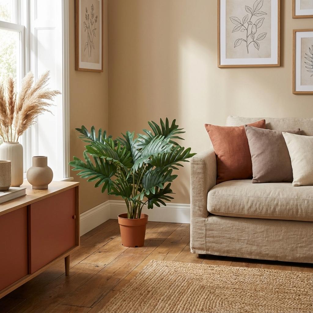 Philodendron Selloum Kunstpflanze 70cm – Große Blätter Deko Pflanze – Pflegefreie Zimmerpflanze für Wohnzimmer Büro & Regal